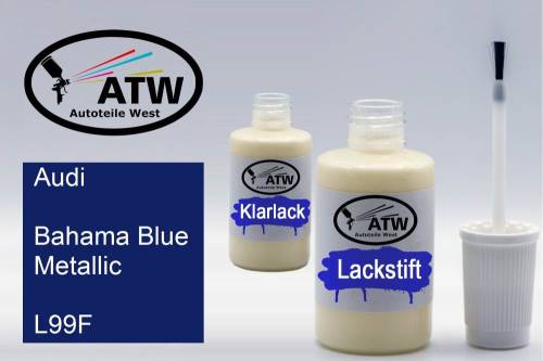 Audi, Bahama Blue Metallic, L99F: 20ml Lackstift + 20ml Klarlack - Set, von ATW Autoteile West.